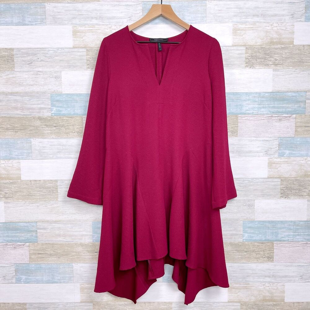 BCBGMaxAzria Textured Tent Dress Red Long Sleeve Elliptical Hem Womens Small